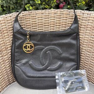 Authentic CHANEL caviar leather black vintage CC hobo bag